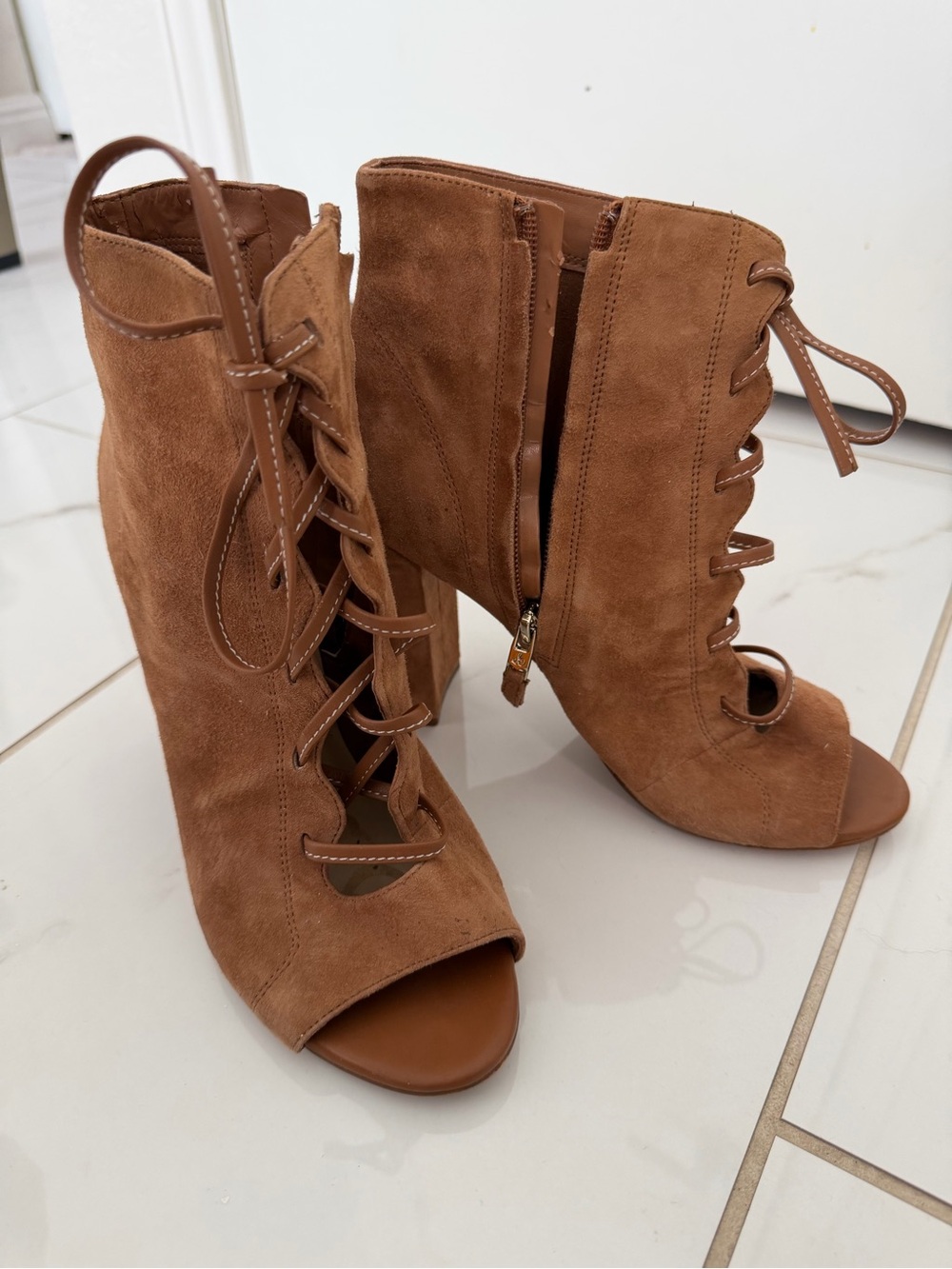 Sam Edelman Lace-Up Peep Toe Suede Booties - Tan
